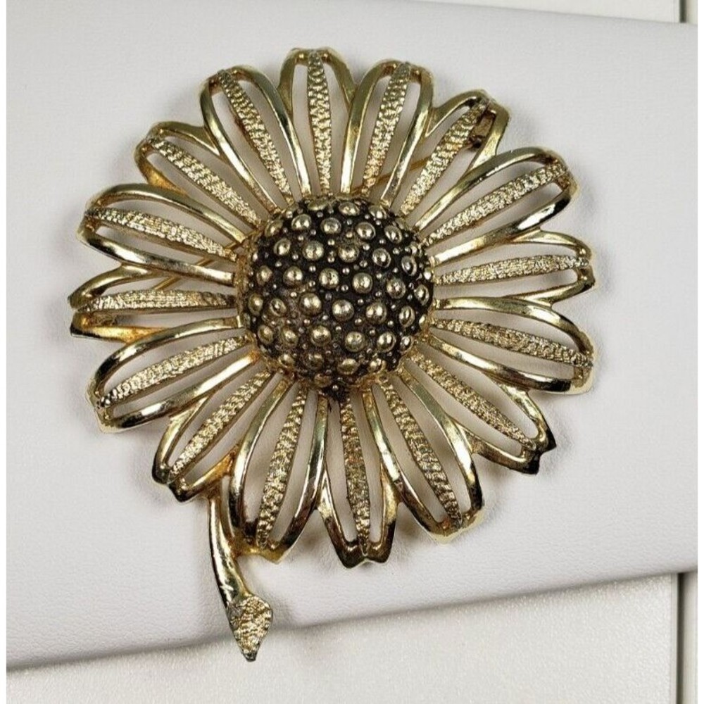 Vintage 1960's Flower Brooch Pin Signed Marked Sarah Coventry Gold Tone 3" Large - Picture 3 of 10